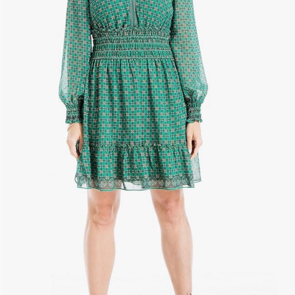 Max Studio Green Ruffled Smocked Long Sleeve Dress